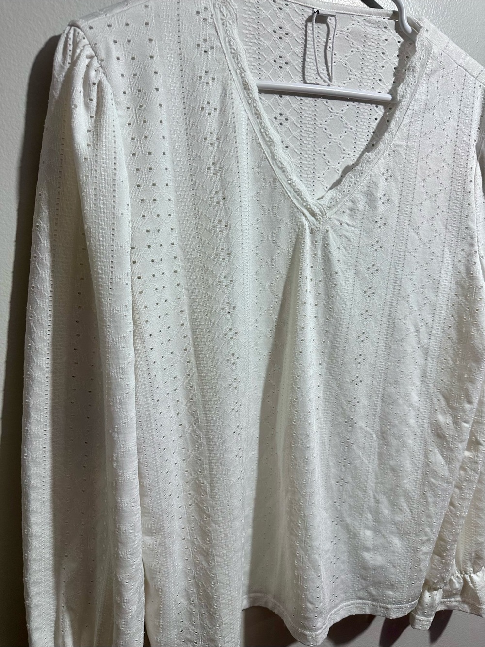 White Eyelet V-Neck Long Sleeve Blouse Size L (1286)